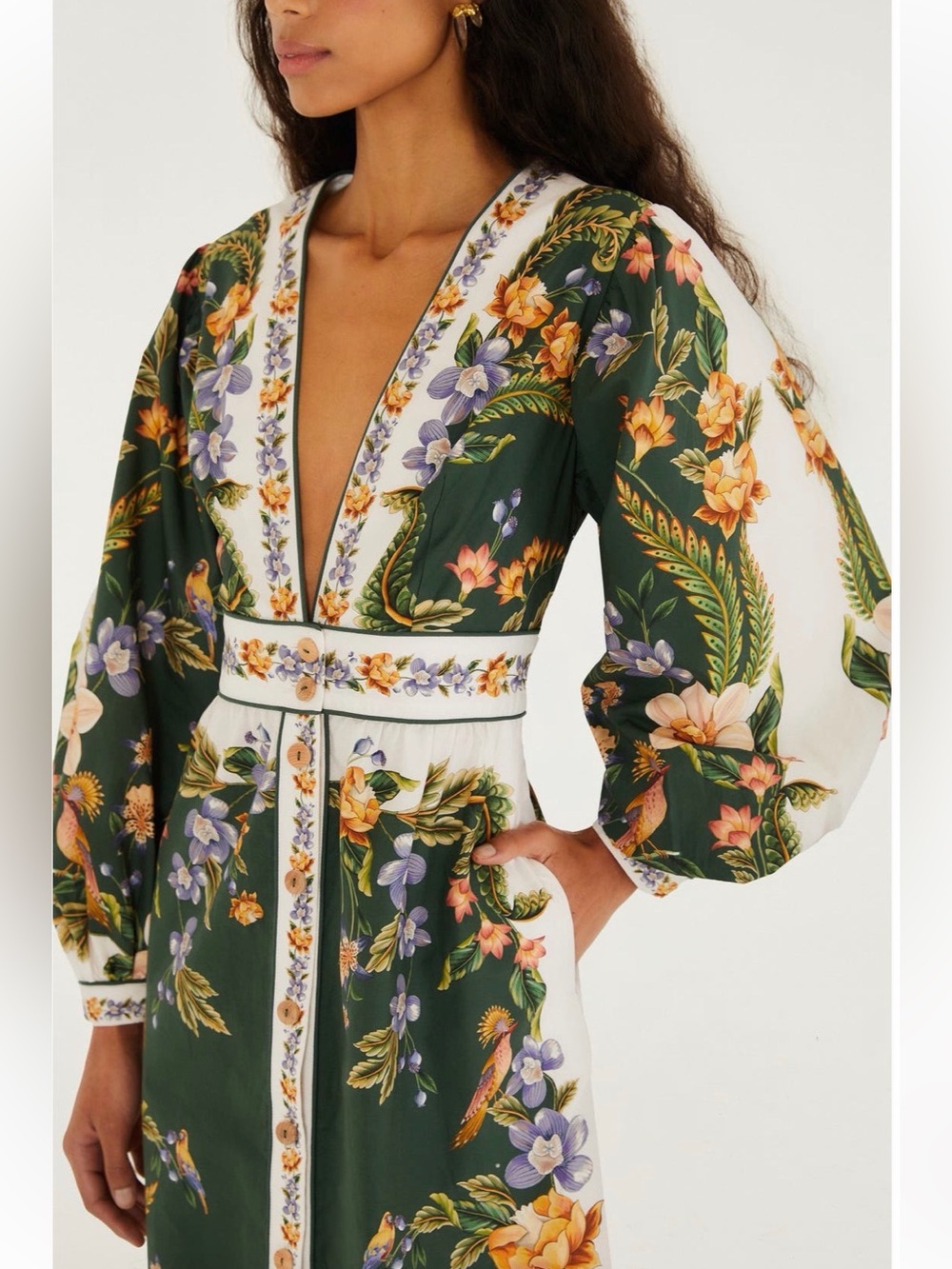 FARM Rio Green Floral Maxi Dress with Cream Trim - Picture 3 of 7